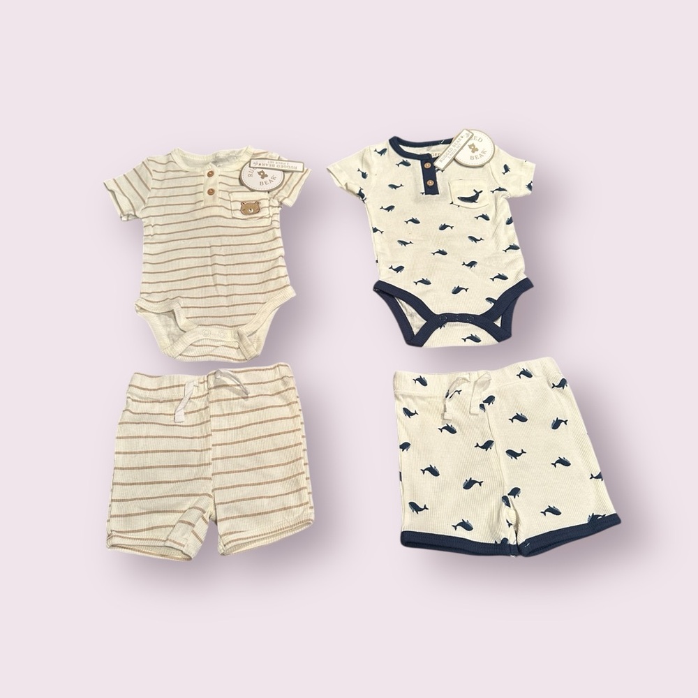 NWT Set Of Two Rugged Bear Baby Bodysuit and Shorts Set Teddy Bear And Whale